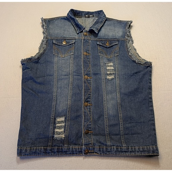 Nasky Dark Wash Distressed Ripped Denim Vest Sleeveless Retro Jean Jacket 2XL - Picture 1 of 10